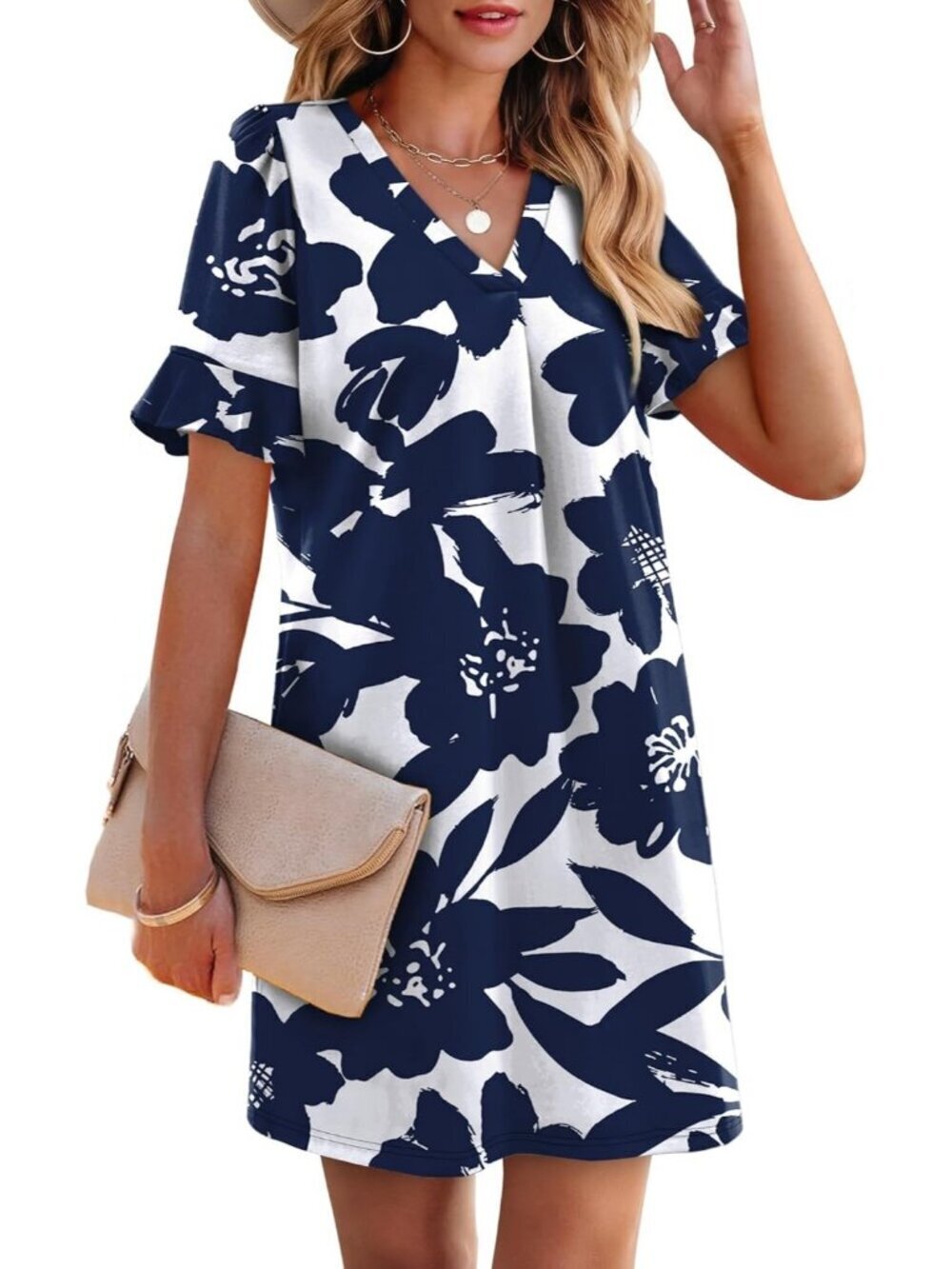 Women's Pattern Floral White Ruffle Short Sleeve V Neck Casual Shift Mini Dress - Picture 4 of 5